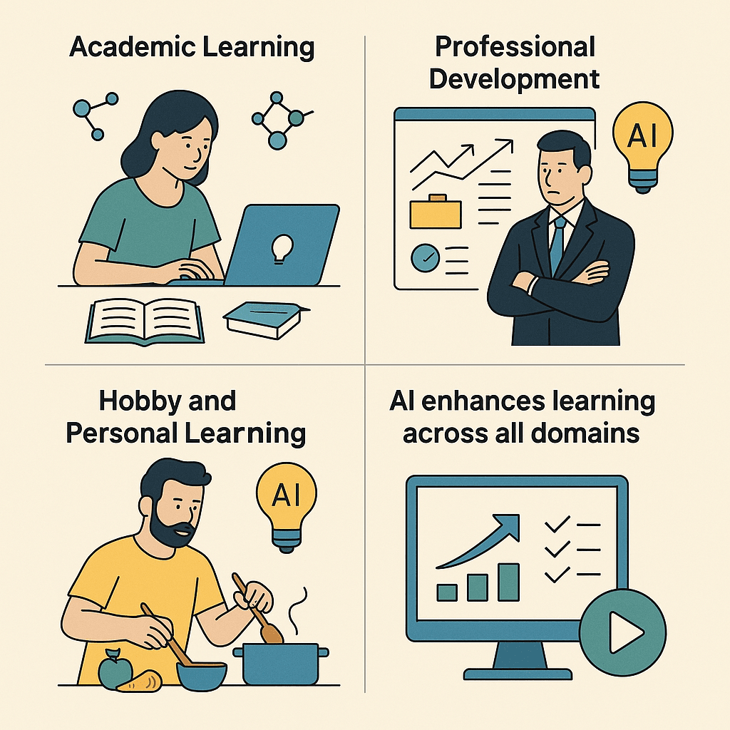 Infographic showing AI's impact on academic learning (65% better retention), professional development (3x faster) and hobbies (89% time saved)